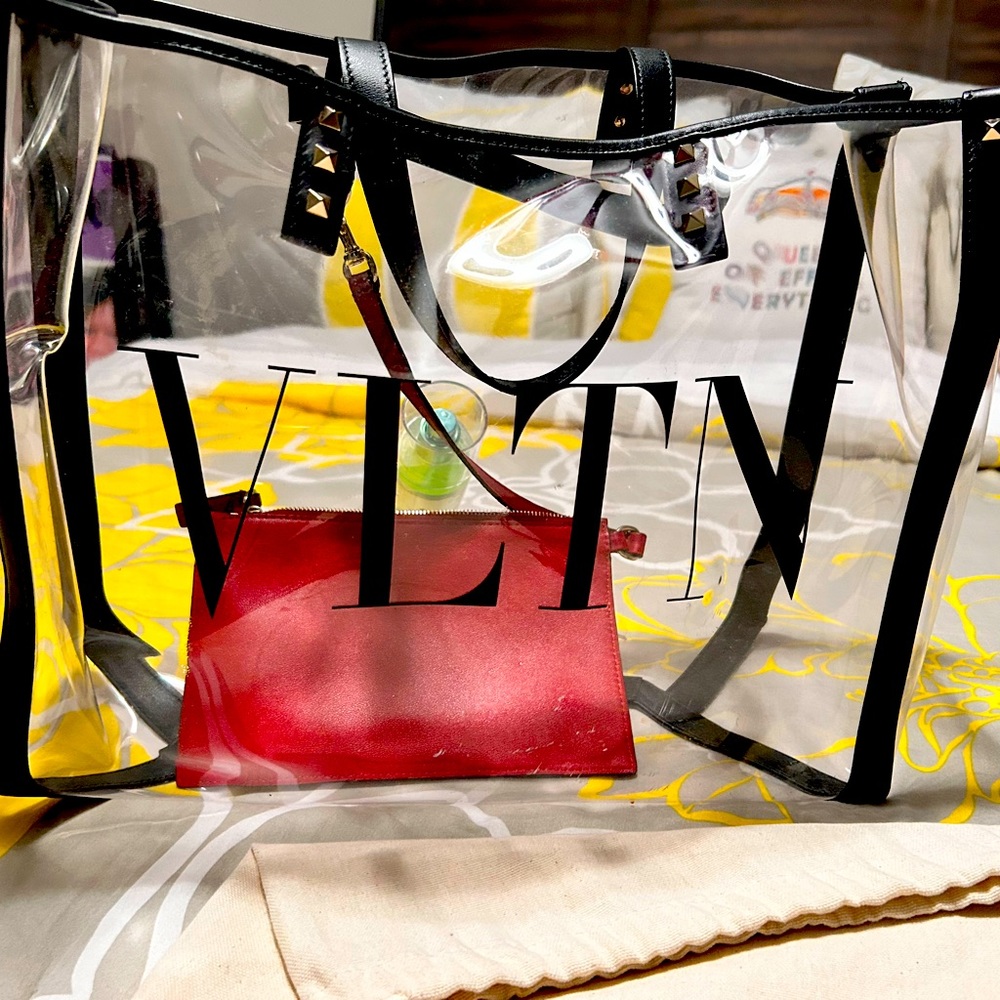 Clear VLTN (Valentino) Tote with attached red pouch and dust bag and FREEBIES!